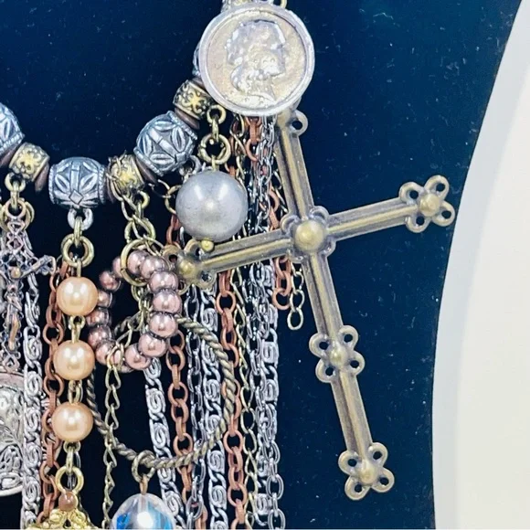 Treska Artisan Necklace Statement NEW Cross Coin Beaded Multicolored Funky Boho - Picture 9 of 14